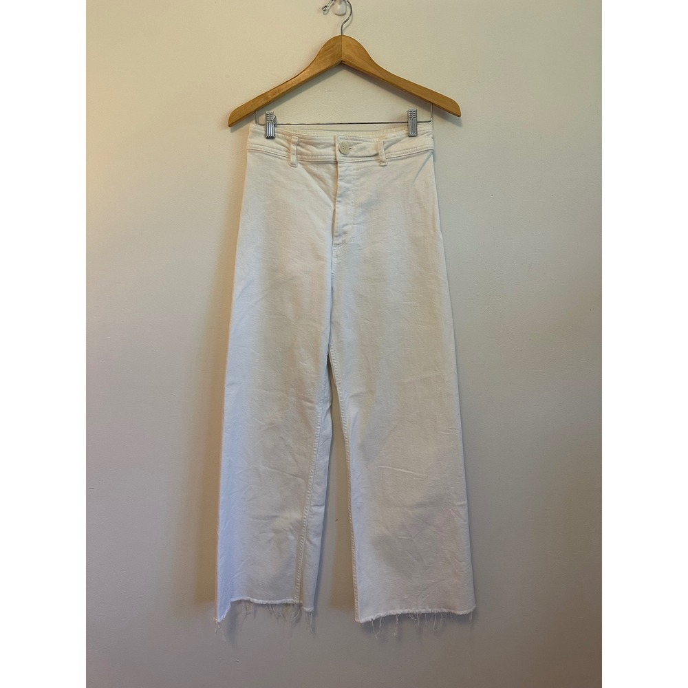 Zara White High Waisted Wide Leg Cropped Raw Hem Jeans | Size 8